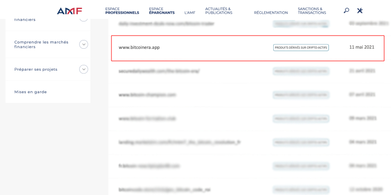 capture d'écran liste noire amf bitcoin era