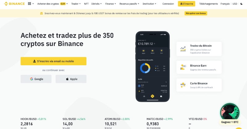 capture d'écran binance page daccueil